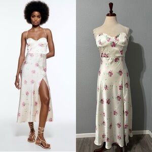 Zara Sweetheart Neckline Floral Print Satin Effect MIDI Dress Cross Back Sz L